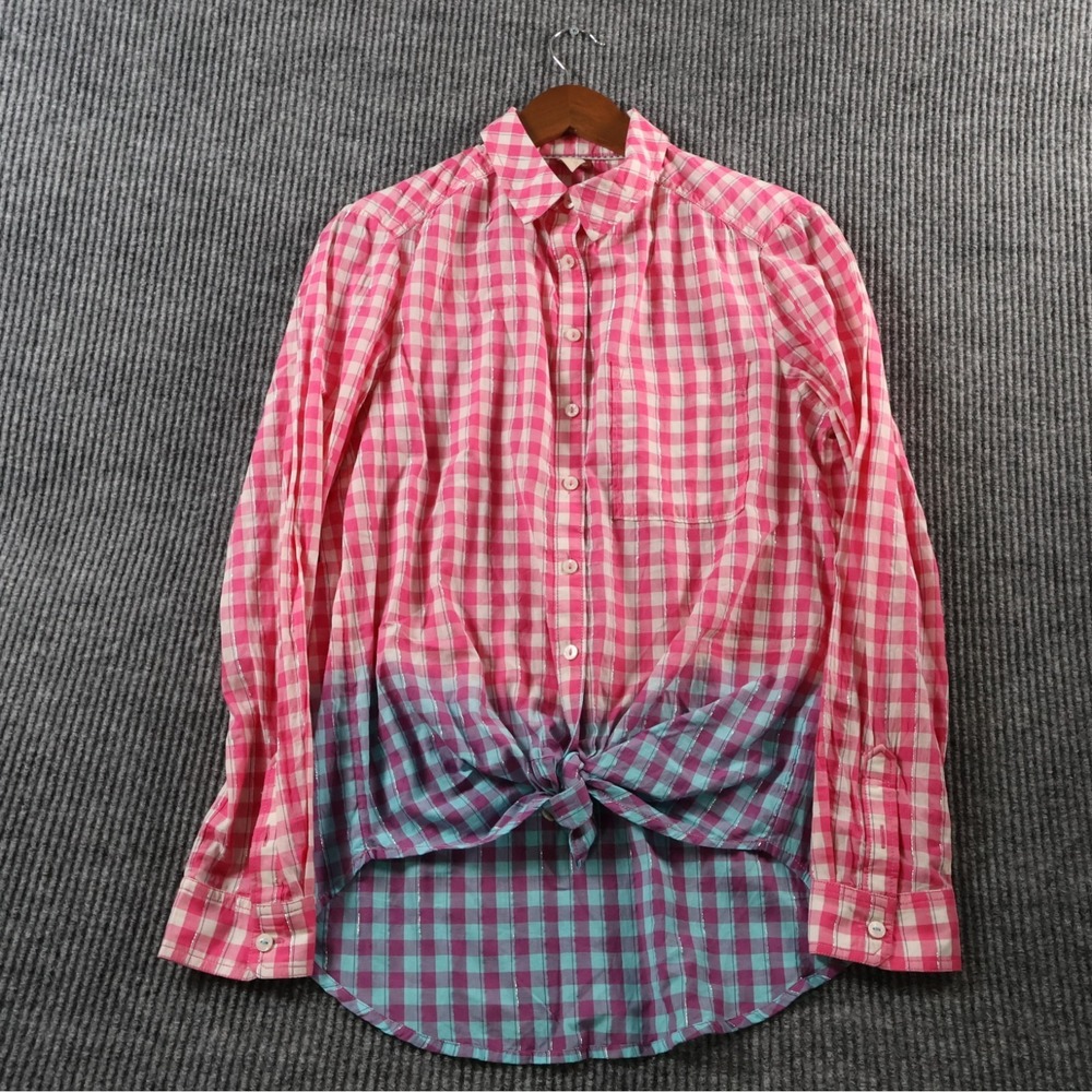 Pilcro Anthropologie Pink Blue Ombre Gingham Metallic Button Down Shirt Womens S